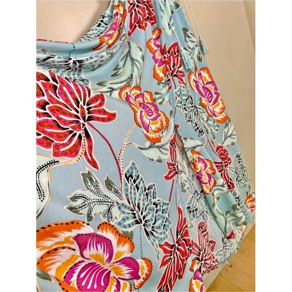 Jaase Boho Aqua Light Blue Floral Dress Ruffle Flowy Tassel Smocked Medium - Picture 11 of 16